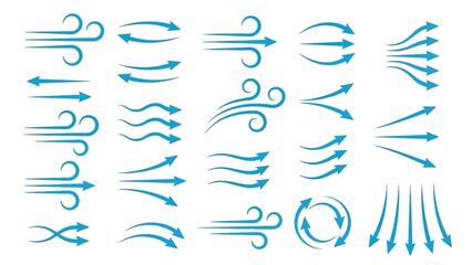 Stylized Blue Vector Icon Set of Wind and Airflow Patterns &ndash; Featuring Arrows, Swirls, and Circular Motions for Visual Themes in Weather, Motion Graphics, Environmental Design, and Aerodynamic Concept