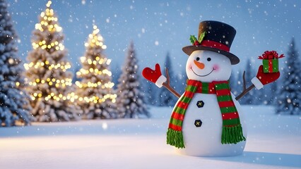 Festive snowman with christmas trees in a snowy winter wonderland