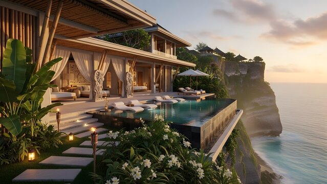 luxurious, cliffside eco-villa in Bali, likely a professionally crafted architectural rendering or a photo of an exclusive resort