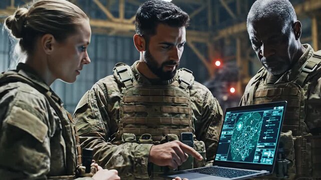 Three diverse military personnel in tactical gear analyze a digital map display on a laptop in a hangar setting