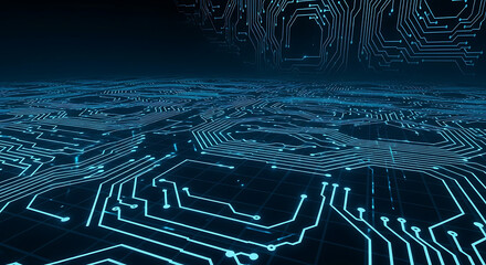 Blue circuit board pattern illuminated on a dark background with a futuristic design layout look