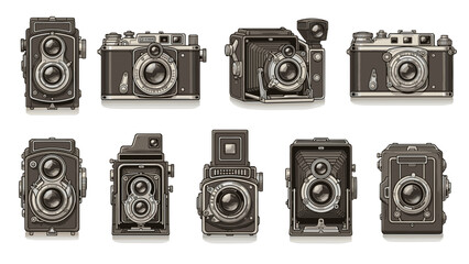 Collection of ten vintage analog film camera icons in sepia tone