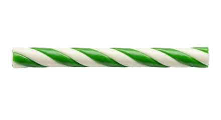 A single, horizontal, vibrant green and white twisted candy stick with a glossy finish, isolated against a transparent background with ample copy space. Concept of festive holiday treat