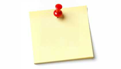 Blank yellow sticky note pinned with red pushpin on white background