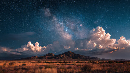 A breathtaking nightscape showcases the Milky Way, sprawling clouds, and a majestic mountain range under a starlit sky. The foreground is arid land