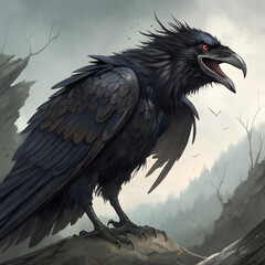 A detailed digital painting of a large, black raven with red eyes, perched in a misty forest.