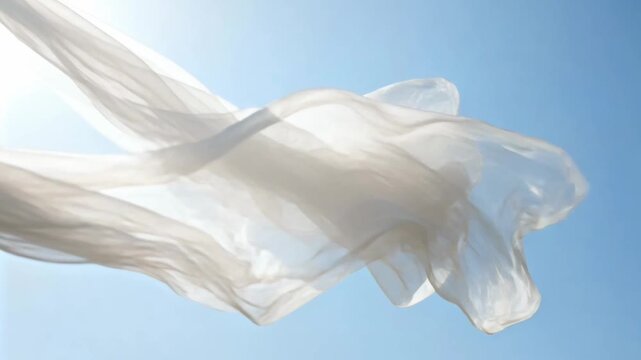 Ethereal white fabric dancing gracefully against blue sky. Cloud dancer