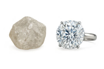 Raw diamond and sparkling engagement ring on transparent background.