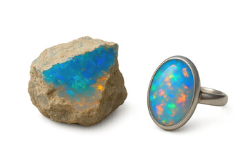 Fototapeta premium Raw opal stone and an elegant opal ring, isolated on transparent background.