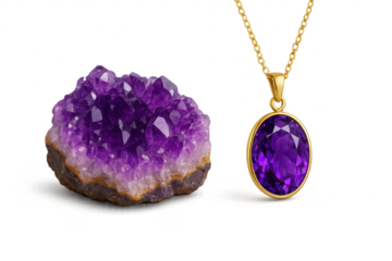 Amethyst geode and purple pendant, isolated on transparent background.