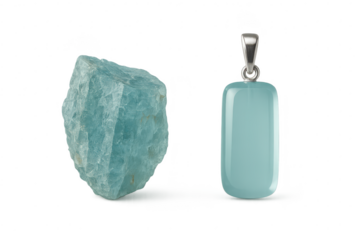 Transparently isolated aquamarine crystal and polished pendant, gemstone