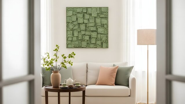 Modern living room with a comfortable sofa abstract green wall art and a floor lamp