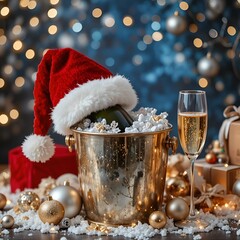 A bottle of champagne with a red hat.
