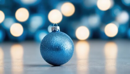 Obraz premium A single glittery blue Christmas ornament rests on a reflective surface with blurred festive lights in the background