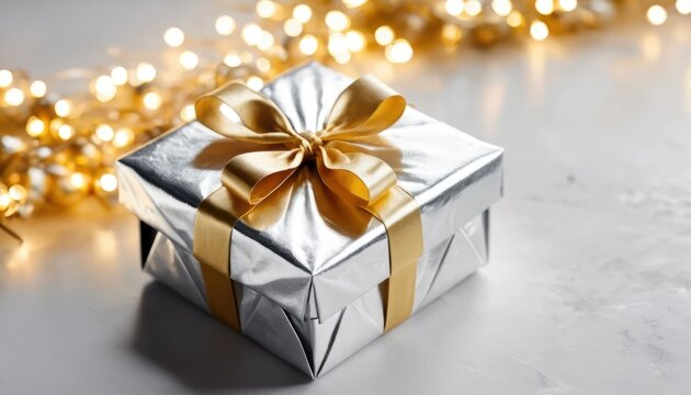 Silver wrapped gift box with a golden ribbon and bow rests on a light surface with sparkling lights - Powered by Adobe