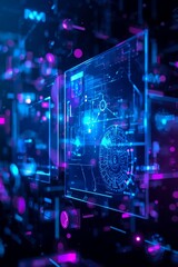Fototapeta premium Futuristic holographic interface with transparent digital panels, glowing blue and purple accents, AI patterns and circular HUD elements on a minimalistic tech background.