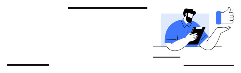 Fototapeta premium Business evaluation, professional feedback, approval process, communication tools, management ideas, productivity tips. Male character holding a tablet and a thumbs-up icon. Business evaluation