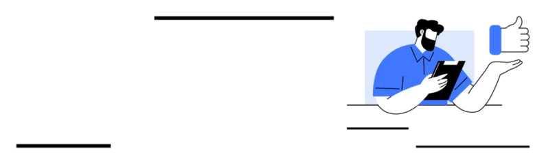 Fototapeten Pony Business evaluation, professional feedback, approval process, communication tools, management ideas, productivity tips. Male character holding a tablet and a thumbs-up icon. Business evaluation  © robu_s