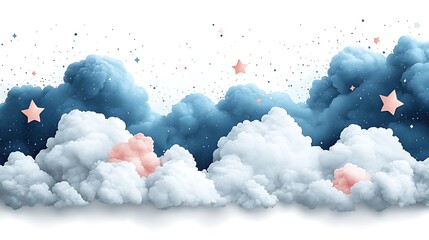 Stylized fluffy white and blue clouds interspersed with pink elements fill a starry sky background