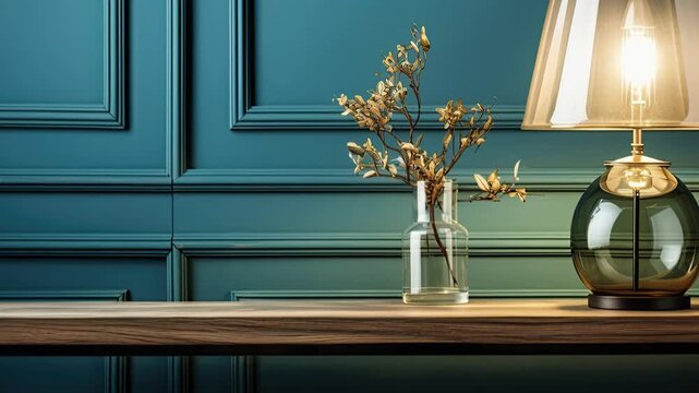 lamp on wooden table teal wall, glowing ceramic lamp and crystal decanter sit on midcentury console, warm golden light casts soft reflections on glossy surface,
