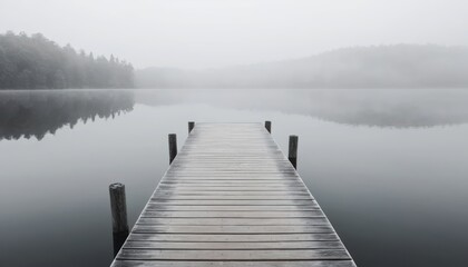 A long wooden pier extends into a tranquil misty lake reflecting distant foggy trees under an overcast sky