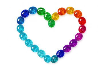 Vibrant rainbow colored heart made of faceted gems isolated on transparent background