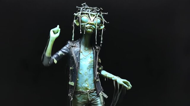 Green Humanoid Sculpture: Modern Creative Art Installation with Metallic Finish in Gothic and Punk Style Featuring Music Theme and Alternative Fashion Influences