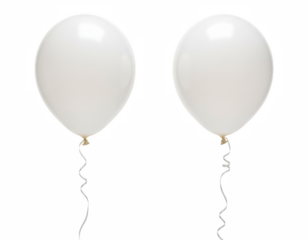 Pair of bright white helium balloons with long, curled ribbons isolated on a deep, contrasting void