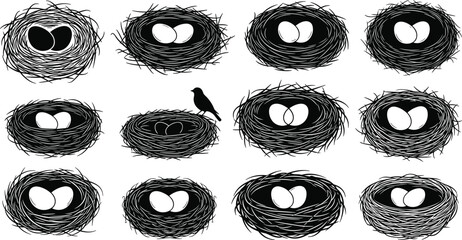 nest, bird, egg, nature, wildlife, twig, silhouette, pattern, black, white, illustration, design, unique, grid, animal