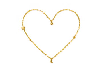 Golden chain heart with charms, isolated on clean transparent background.