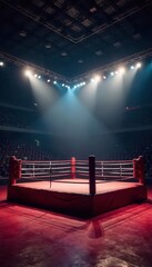 Empty boxing ring with bright spotlights and audience in stadium arena