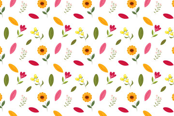 A seamless floral pattern with vibrant flowers and leaves on a white background. Perfect for spring designs and textiles.