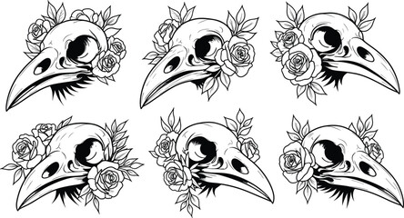 skull, bird, rose, floral, nature, anatomy, illustration, monochrome, gothic, stylized, crow, raven, beak, design, contrast