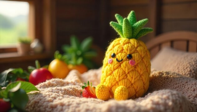 A crocheted pineapple toy with a cute face sits on a textured blanket with strawberries