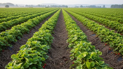 Rows of vibrant green strawberry plants stretch toward the distant horizon, covered with brown mulch and featuring a few ripe red berries, set against a soft morning light.