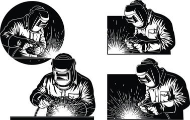 welding, worker, sparks, helmet, gloves, torch, metal, fabrication, safety, gear, black, white, illustration, industrial, job