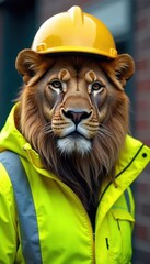 A calm lion in a high-visibility safety jacket and yellow helmet promotes vigilance on World Safety Day, vigilance, World Safety Day