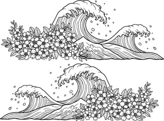 wave, flower, ocean, nature, splash, bloom, water, botanical, illustration, black, white, stylized, harmony, design, motion