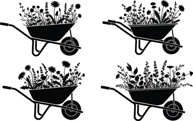 wheelbarrow, floral, garden, plant, nature, silhouette, black, white, illustration, botanical, minimal, design, leaves, flower, decorative