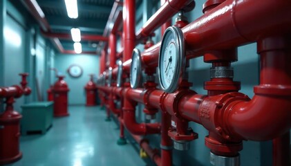 A close-up of a fire protection piping room with various pipes, valves, and gauges for fire suppression system , extinguisher, fire truck