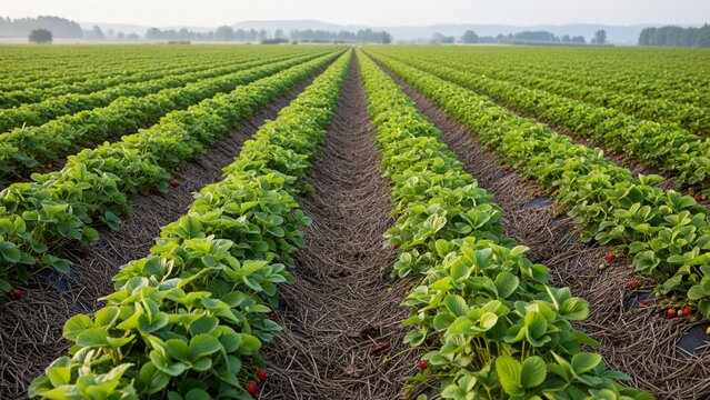 Rows of vibrant green strawberry plants stretch toward the distant horizon, covered with brown mulch and featuring a few ripe red berries, set against a soft morning light.