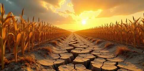 A dry and barren corn field under scorching sun, showing severe drought with cracked soil , global warming, crop failure