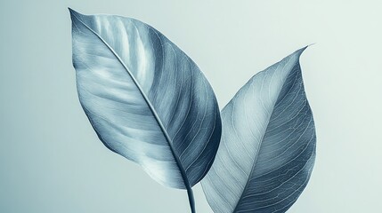 Two bluetoned tropical leaves showcasing intricate venation against a soft, muted backdrop