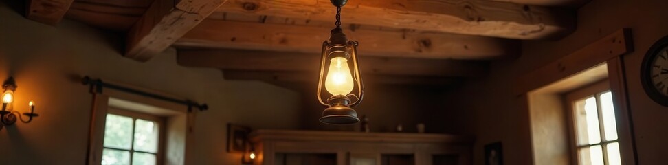 Vintage rustic lamp hanging from wooden ceiling in cozy house, with soft lighting and aged beams creating warm atmosphere, rustic, cozy