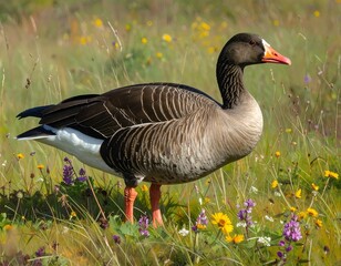 Elegant Bean Goose Strolling Through a Vibrant Meadow on a Sunny Day