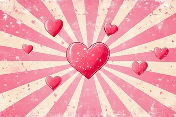 Vintage valentine's day illustration featuring red hearts on a pink and white backdrop