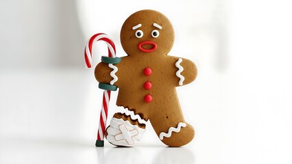 Injured gingerbread man cookie with broken leg cast and candy cane crutch