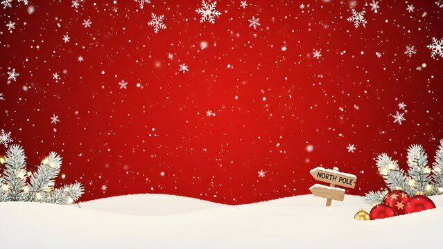 Festive Snowy Landscape With Red Background, Pine Branches, And North Pole Sign - Powered by Adobe