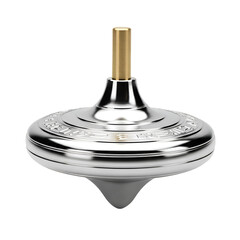 Shiny metal spinning top with a golden handle and a sharp tip.