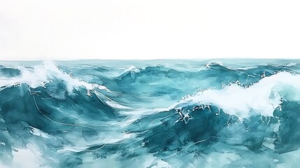 Watercolor Painting of Ocean Waves in Turquoise and White with Bright Sky Background